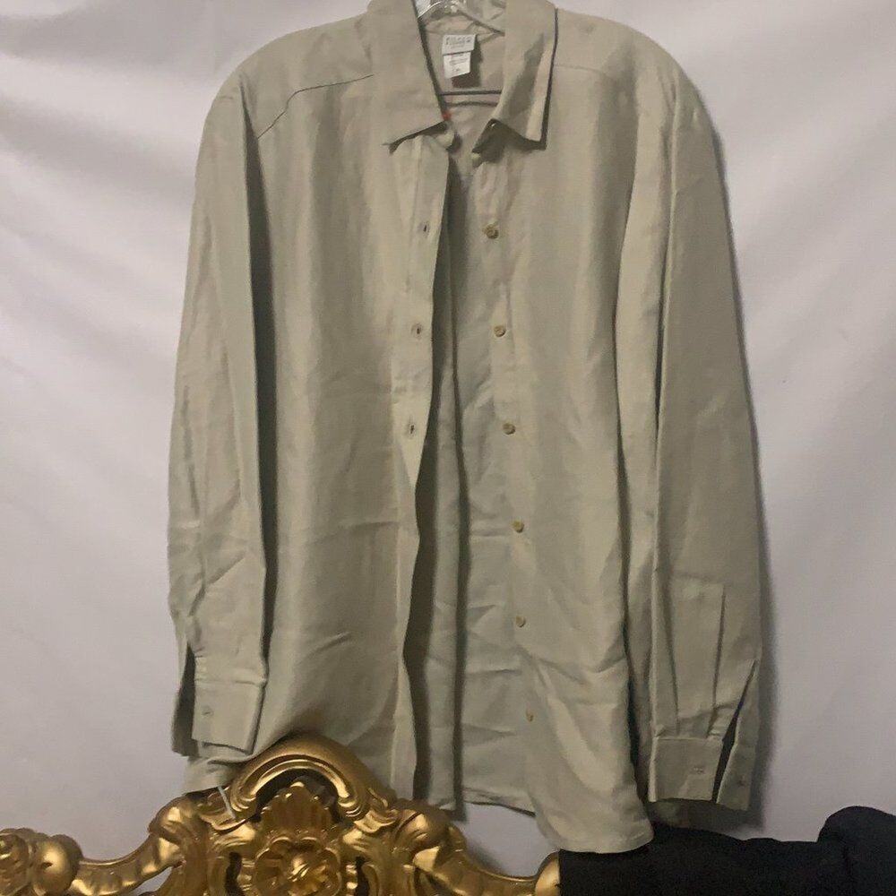 NWOT EILEEN FISHER WOMENS BEIGE LONG SLEEVE COLLARED‎ BUTTON FRONT SHIRT SIZE LP